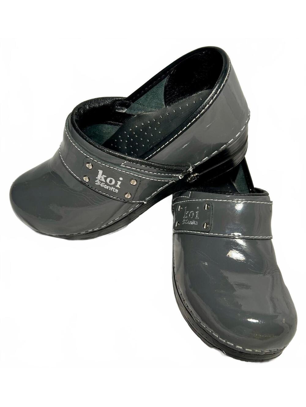 Koi by Sanita Womens 7 Gray Patent Leather Danish Clogs Nurse Work Shoes
